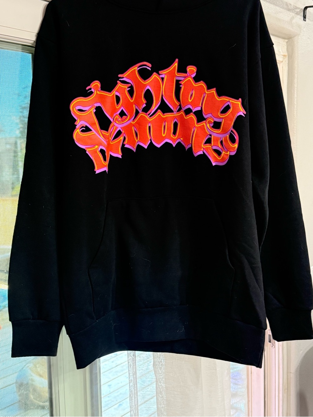 VLONE Juice WRLD Black Hoodie with Orange and Pink Script Chest Graphic